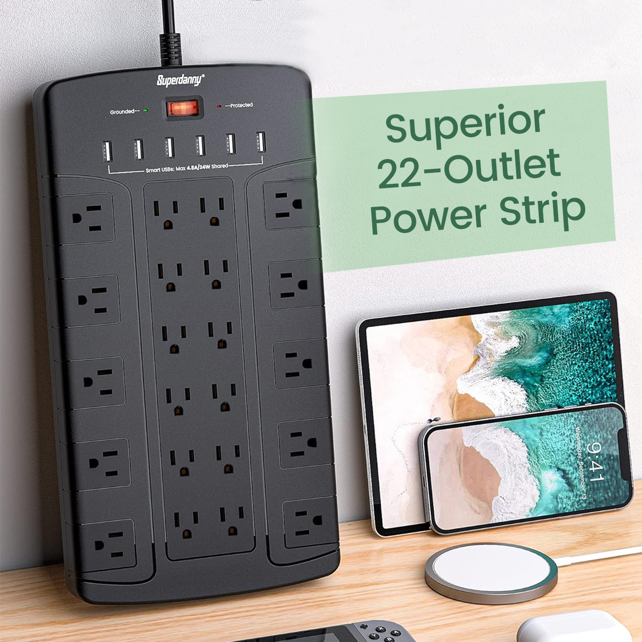 

1/2 Pack Superdanny 28-in-1 Power Strip With 22 Outlet 6 Usb Ports, 1050 Protector, 6.5ft Extension Cord, 22-outlet Socket Extender, Flat Plug Power Cord For Home Office Dorm Workshop, Black