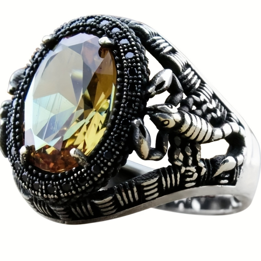 

Retro Ring For Men - Ancient Silver Color With Yellow Rhinestone Inlay - Perfect For Parties And Special Occasions