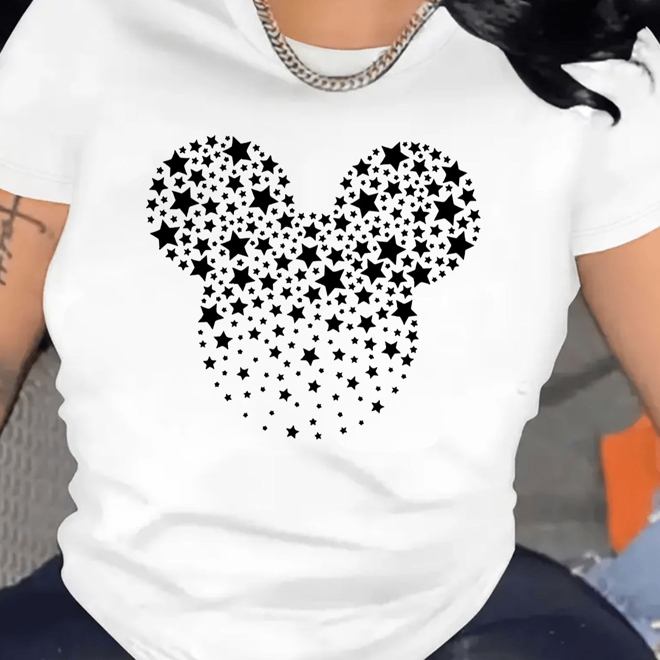 

Mickey Shape Star Graphic Women's Fashion Casual Sports T-shirt Top, Short Sleeve, Round Neck, Leisure Style