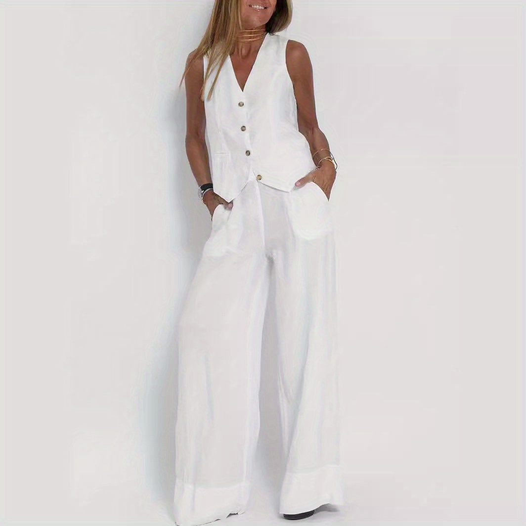 

2024 Hot Selling Women's Fashion Vest Long Pants Patchwork Cotton Linen Casual Suit