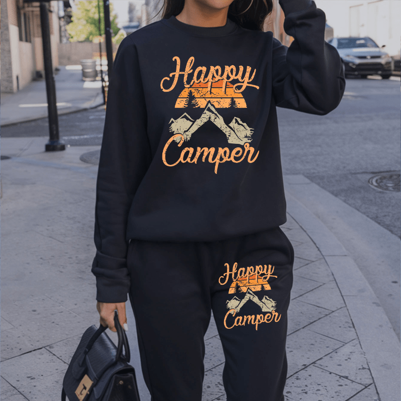 

Happy Camper Print 2 Piece Set, Crew Neck Sweatshirt & Pants, Women's Clothing