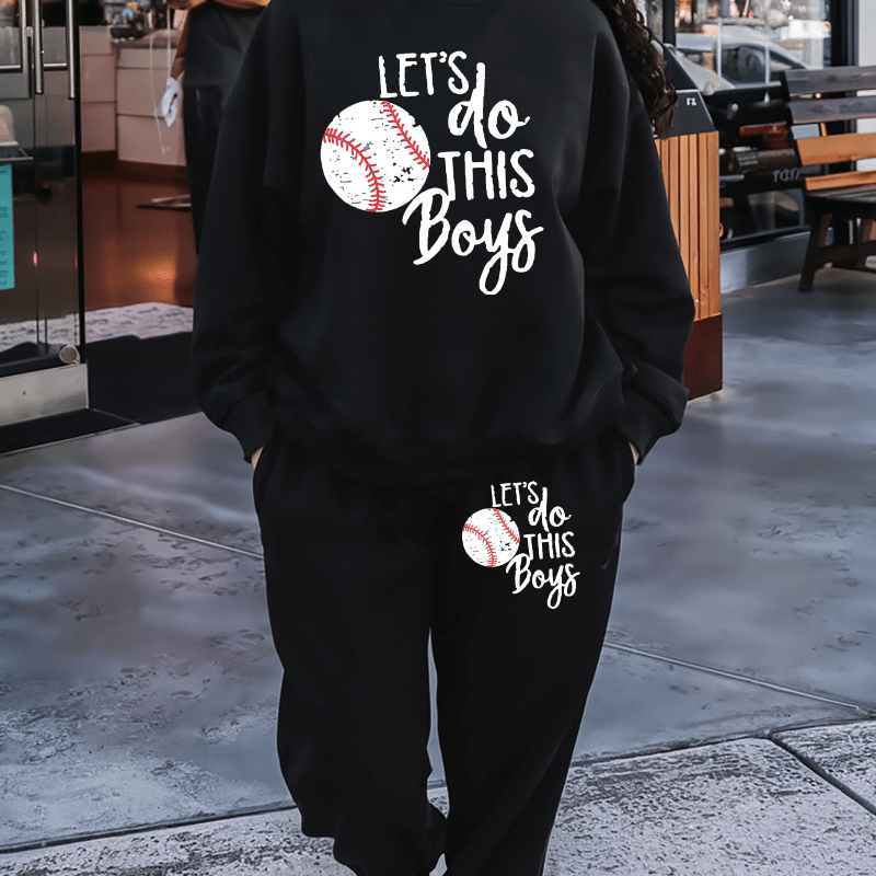 

Baseball Print 2 Piece Set, Crew Neck Sweatshirt & Pants, Women's Clothing
