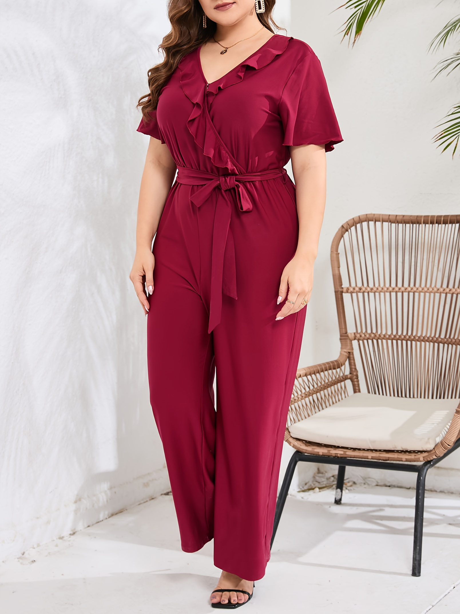 women plus size ruffle v neck short sleeve wide leg - Temu