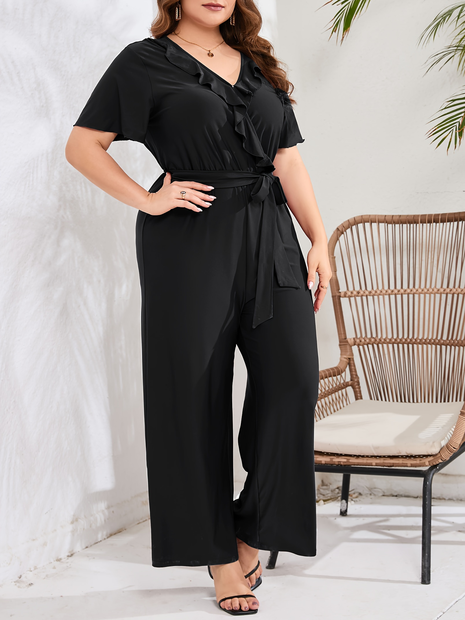 women plus size ruffle v neck short sleeve wide leg Temu