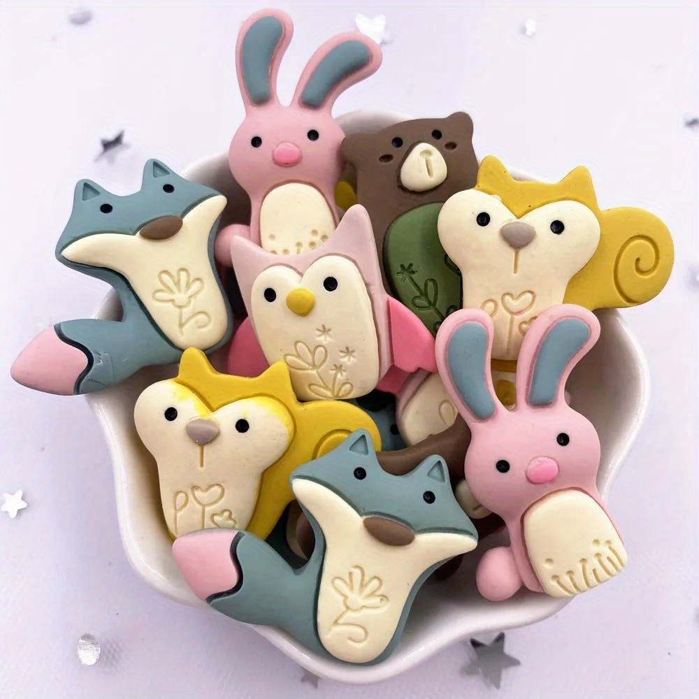 

10pcs Resin Animal Cabochons - Hand Diy Charms For Jewelry Making, Scrapbooking - Bear, Rabbit, Fox, Owl Flat Back Embellishments Craft Accessories