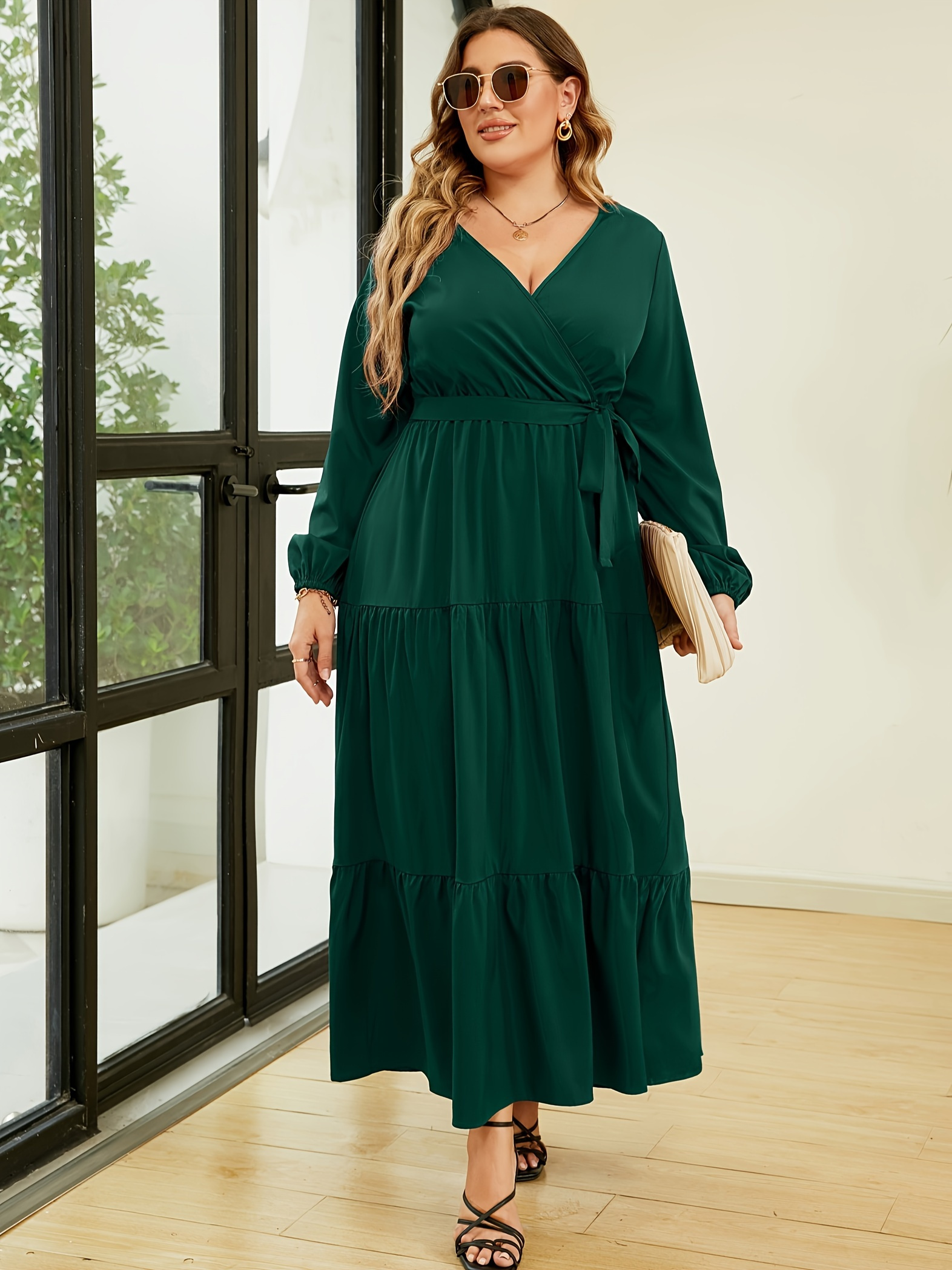 Womens Plus Size V Neck Wrap Maxi Dress High Waist Ruffle Summer Casual Dress with Belt, Dark Green, 3XL