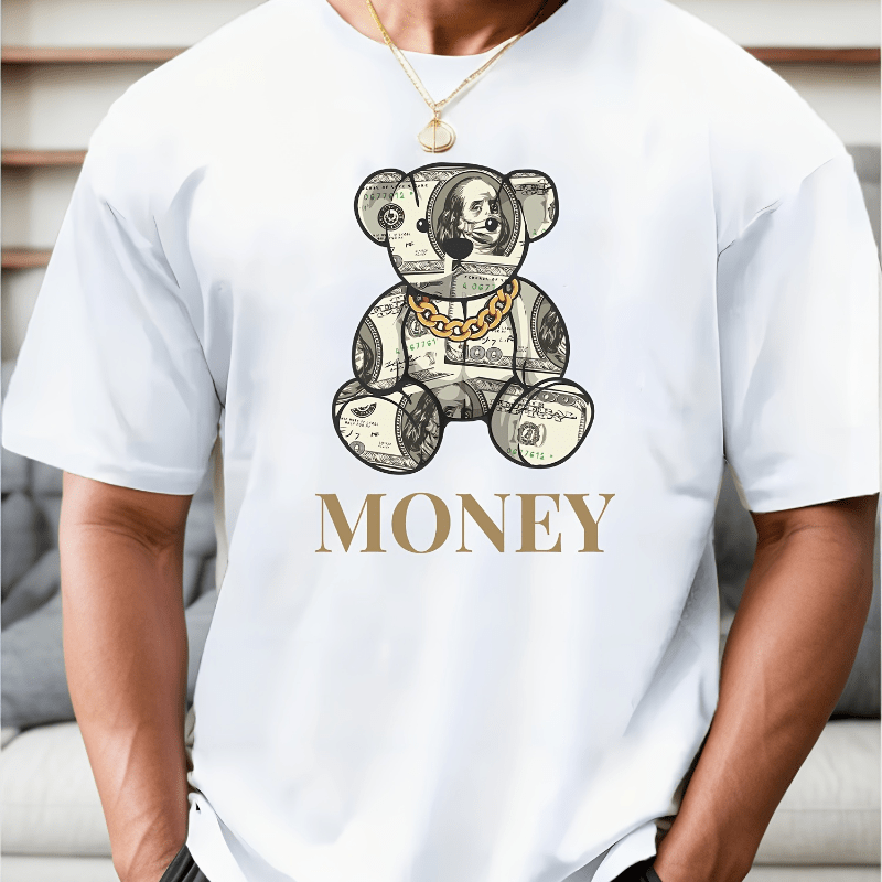 

Money Print Men's Crew Neck Short Sleeve Plus Size T-shirt, Comfortable Versatile Tee For Summer Daily Wear