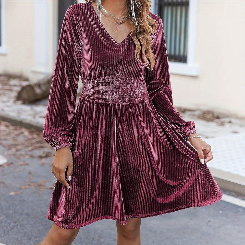 

Solid Color V-neck Velvet Dress, Elegant Lantern Sleeve Ruffle Hem Aline Dress For Spring & Fall, Women's Clothing