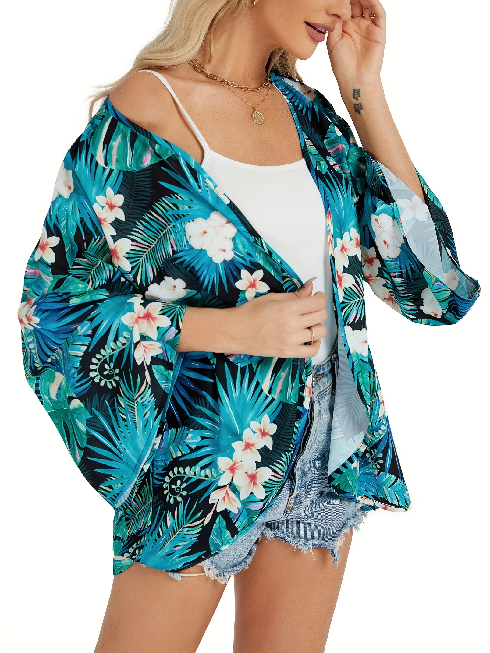 Women's Summer Hawaiian Shirts Print Puff Sleeve Kimono Cardigan Loose ...