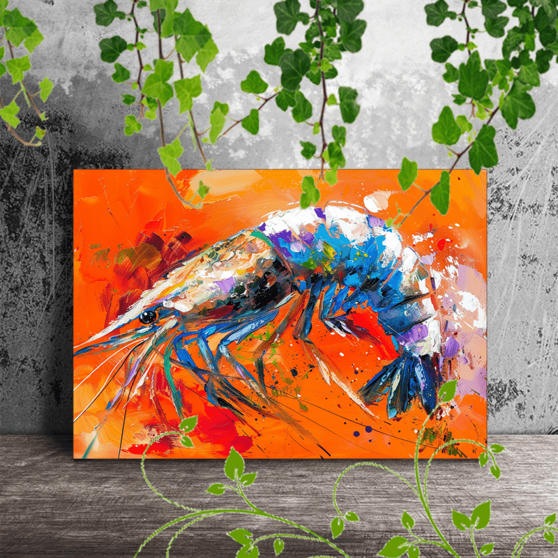 

1pc Wooden Framed Canvas Painting Artwork Very Suitable For Office Corridor Home Living Room Decoration Abstract Shrimp, Vibrant Colors, Orange Background, Expressive Brush Strokes, Dynamic Compositio