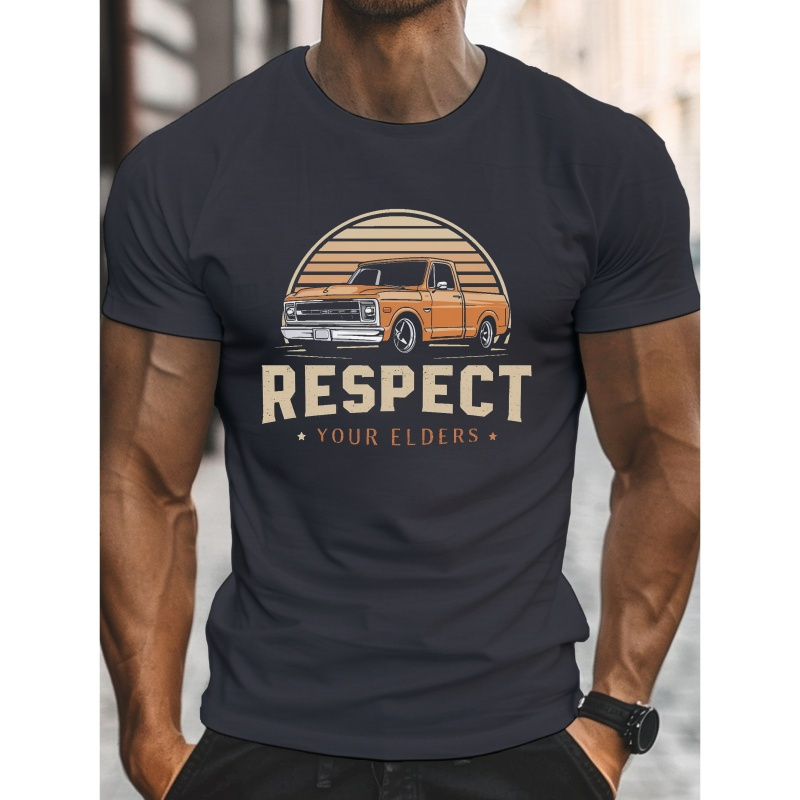 

Plus Size Men's Casual Summer T-shirt - Retro Orange Pickup Truck Graphic Short Sleeve Crew Neck, Soft Stretch Polyester, Machine Washable