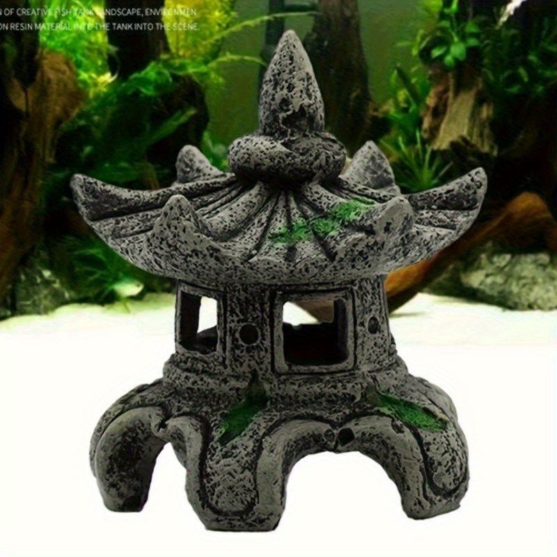 Image of 1pc Fish Tank Paradise Cabin Aquarium Landscape Decoration, Oriental Style Bridge Statue, Blue Lighthouse Ornament, Chinese Bonsai Landscape