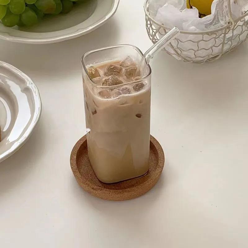 chic 400ml square glass coffee mug with lid straw heat resistant   iced coffee milk beer transparent drinkware coffee bar accessories details 4