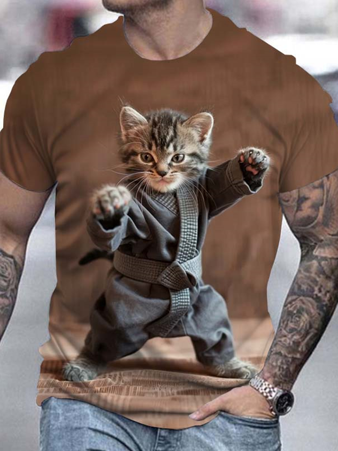 Men Cat Doing Taekwondo Pattern T-shirt