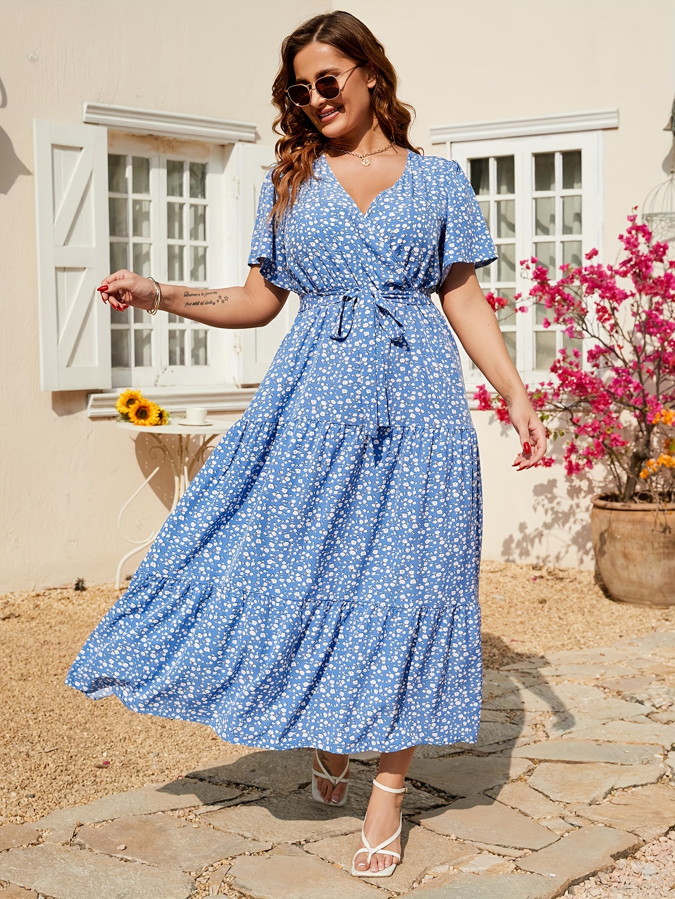 Elegant Floral V-Neck Maxi Dress with Belt - Womens Plus Size, Short  Sleeve, High Waist Ruffle, Casual Summer Wrap Style, Pink Floral Print,  Loose Fi