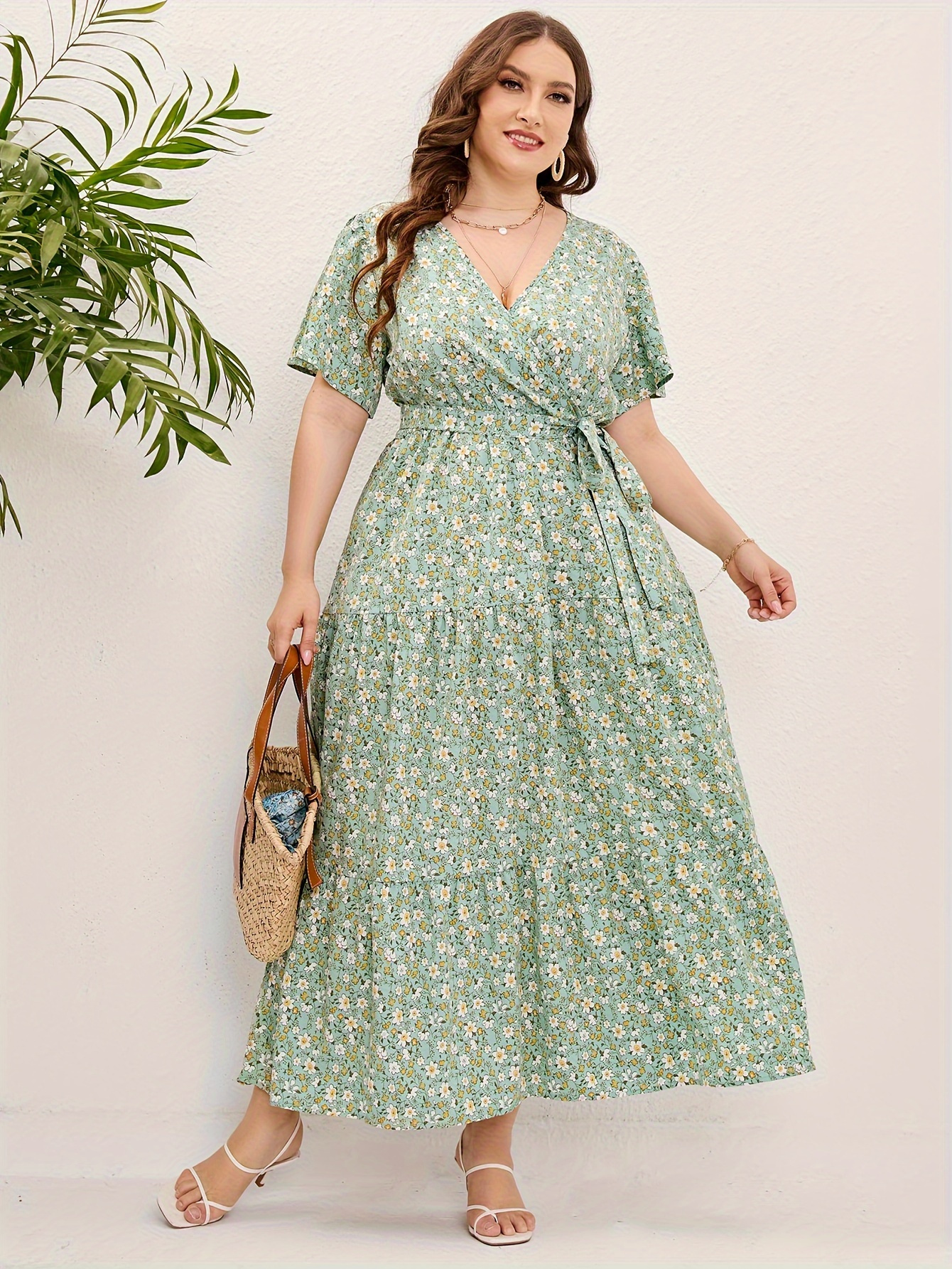 elegant floral v neck maxi dress belt women s plus size - Temu display picture 3