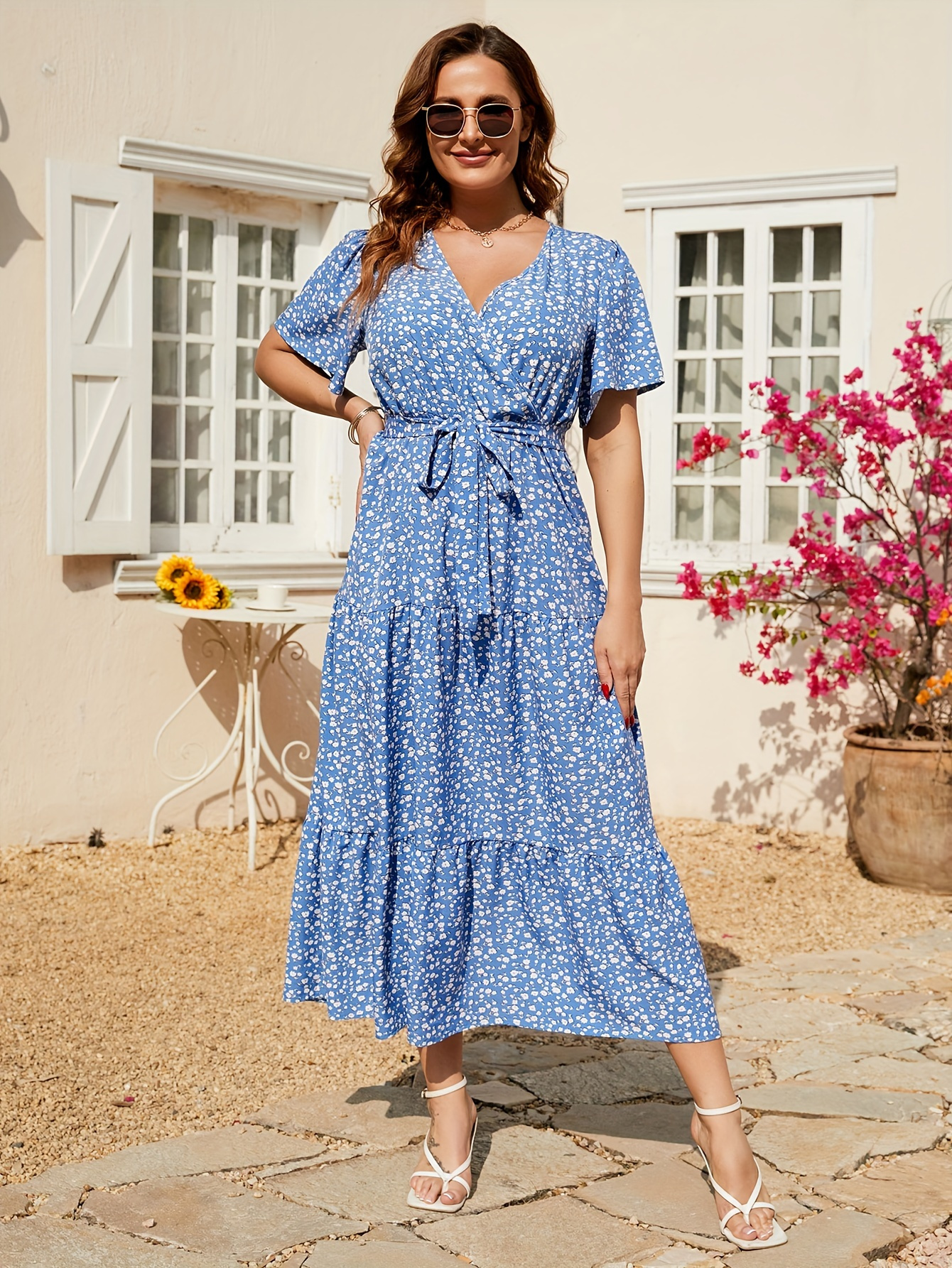 elegant floral v neck maxi dress belt women s plus size