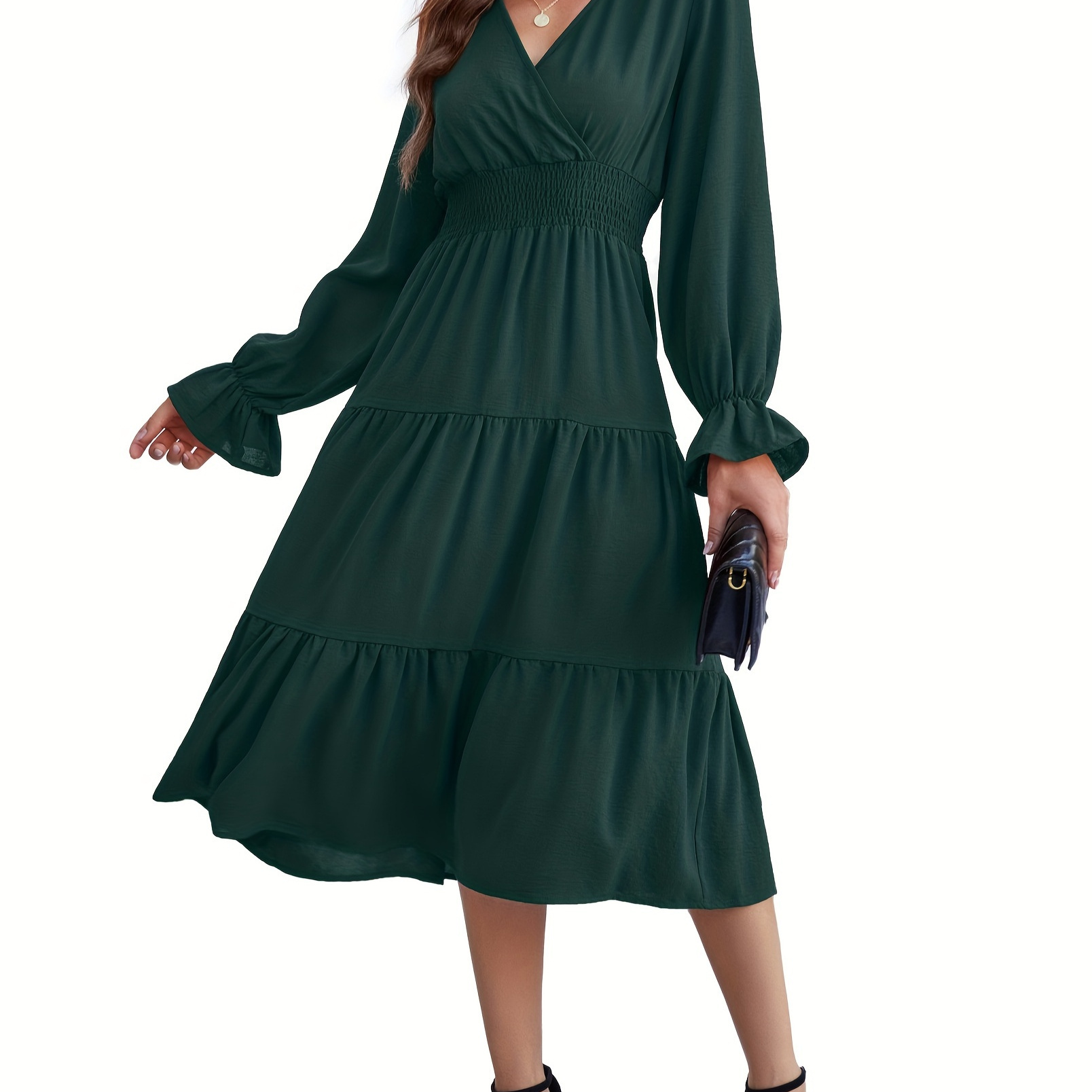 

Women's Casual Wrap V Neck Midi Dress Long Sleeve Smocked Waist Tiered A Line Pleated Flowy Long Dress