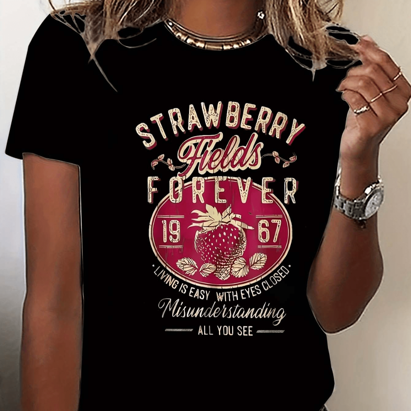 

Retro Style 1967 Strawberry Pattern Round Neck Sports T-shirt, Casual Short Sleeve Top For Spring & Summer, Women's Clothing