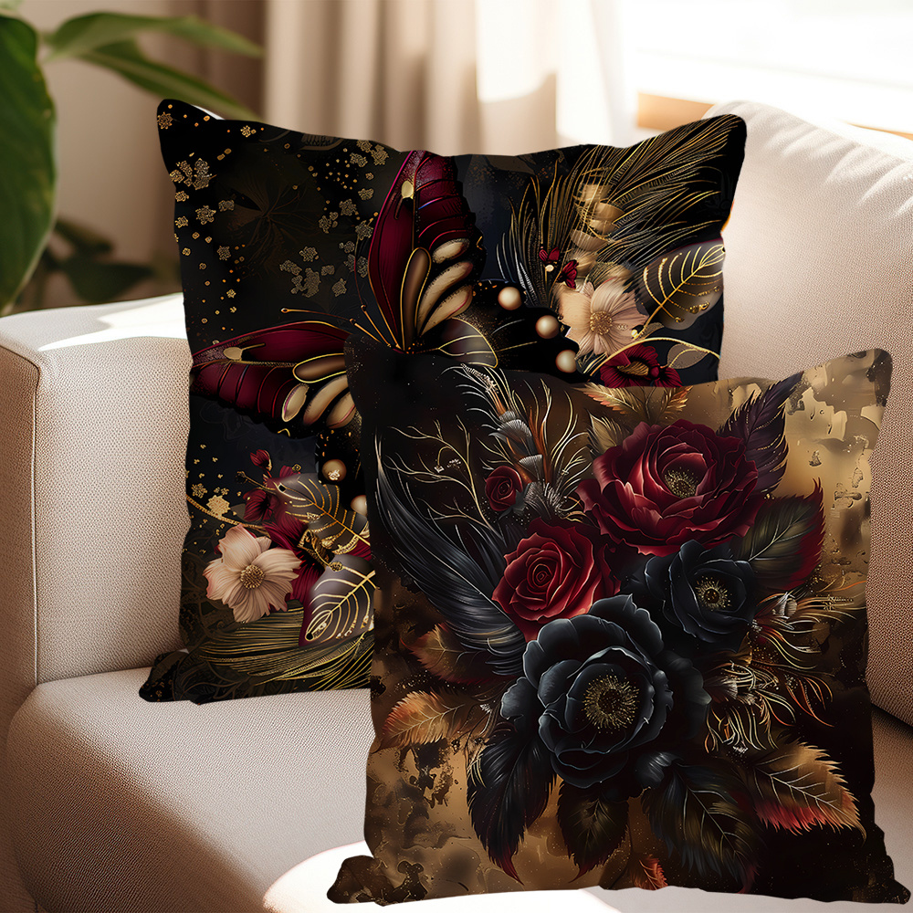 

4-piece Luxurious Gothic Decorative Pillowcases - Black & Golden Butterfly Floral Design, Soft Short Plush, Zip Closure, Hand Wash Only - Perfect For Living Room And Bedroom Sofa Decor, 18"x18