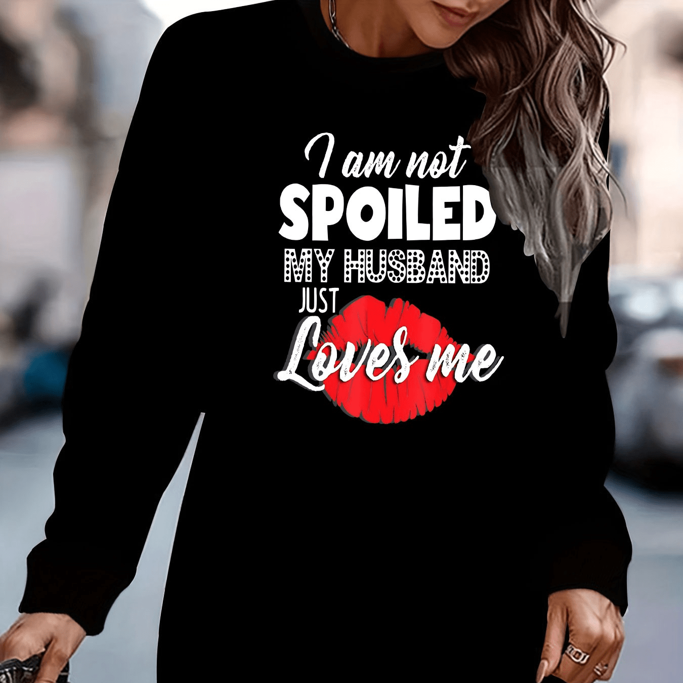 

Plus Size My Husband Just Loves Me Print Dress, Casual Crew Neck Long Sleeve Dress For Fall & Winter, Women's Plus Size Clothing