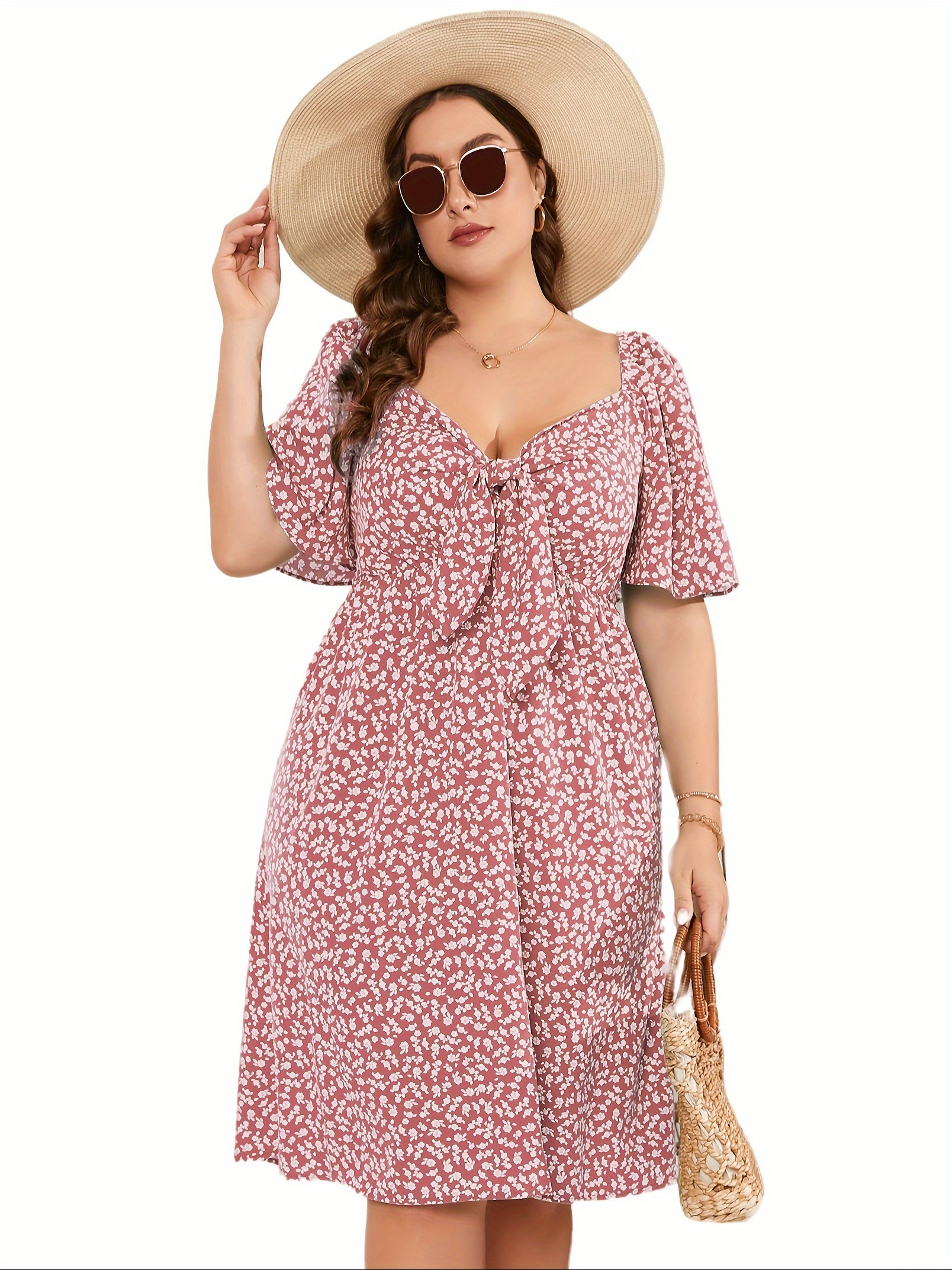 knee length dresses for ladies Magnolia Place Plus Size Yellow Floral Cotton Barbara Swing Dress main image 0