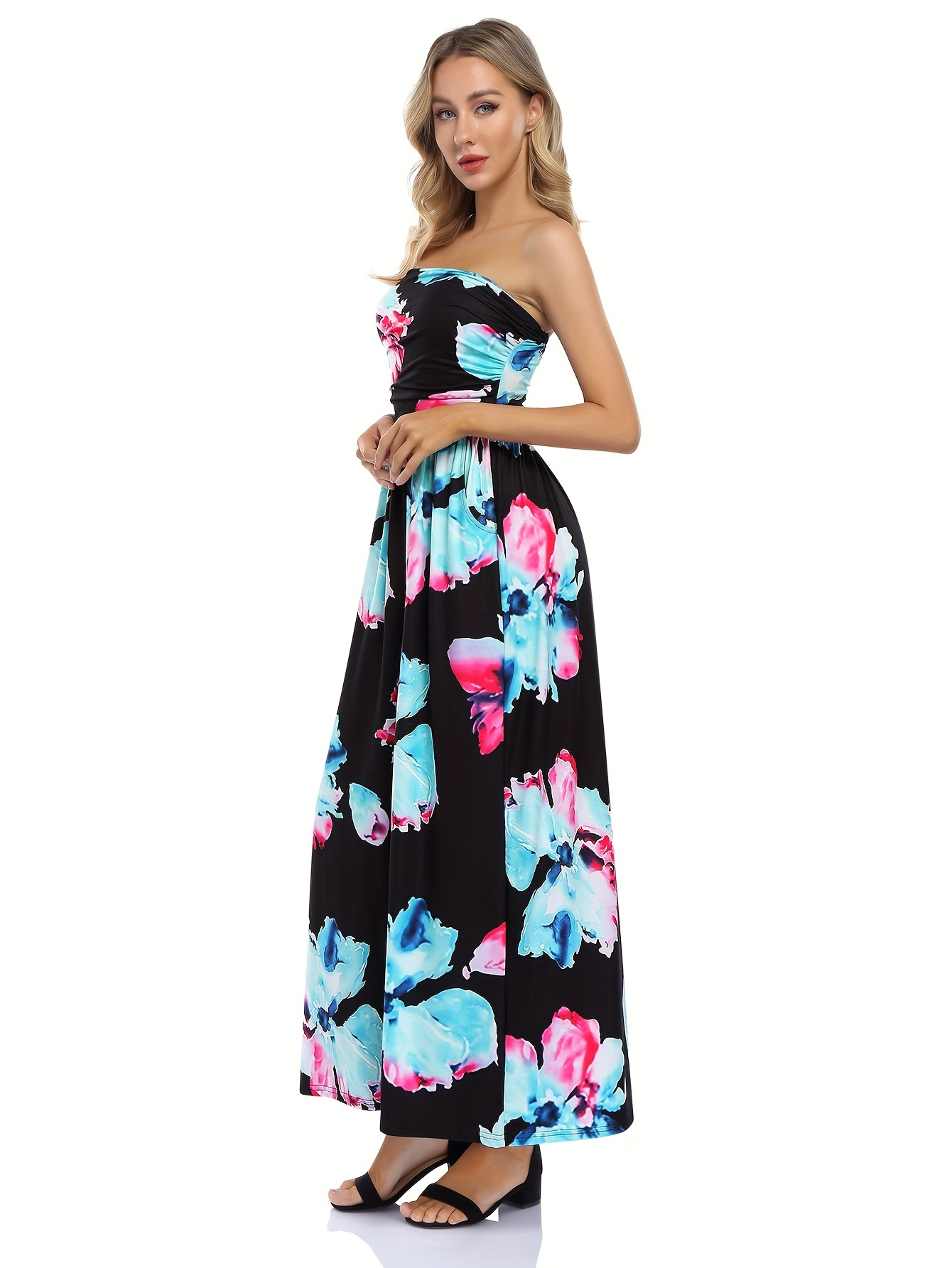 floral print strapless tube dress vacation loose maxi dress - Temu
