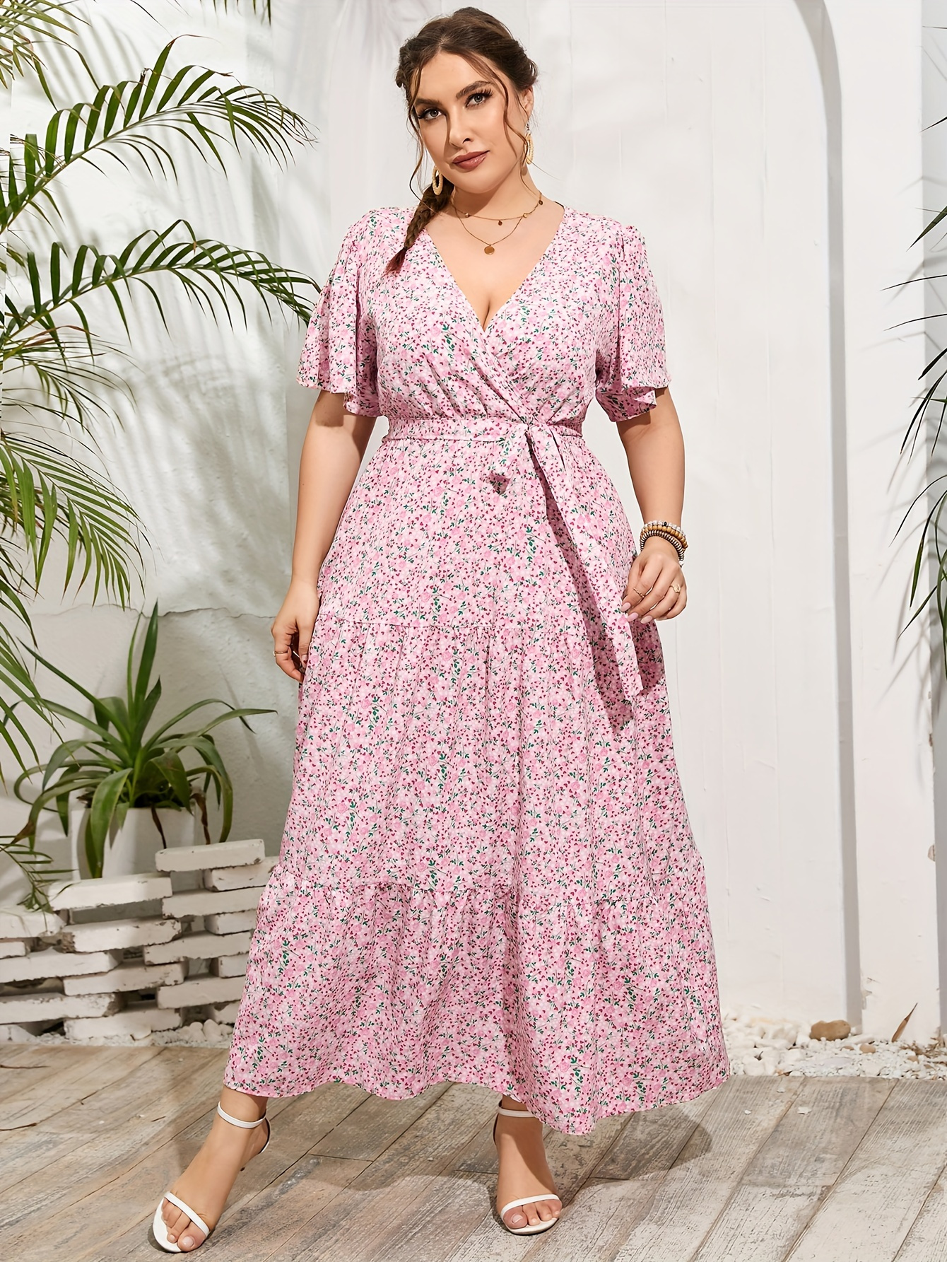 Women Plus Size V Neck Wrap Maxi Dress High Waist Ruffle Summer Casual  Dress with Belt Short Sleeve