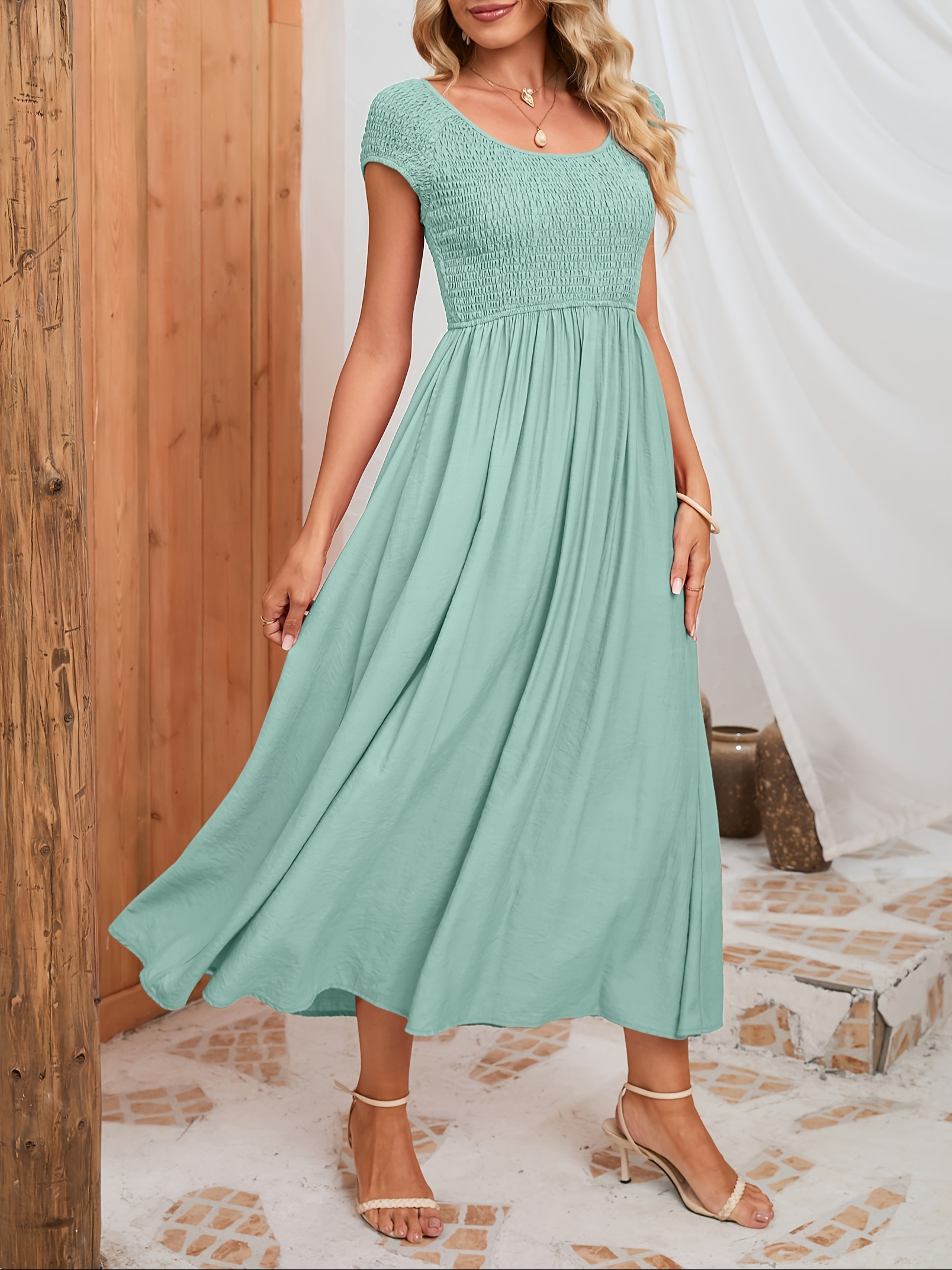 maternity dress smocked high waist maxi dress pockets short - Temu