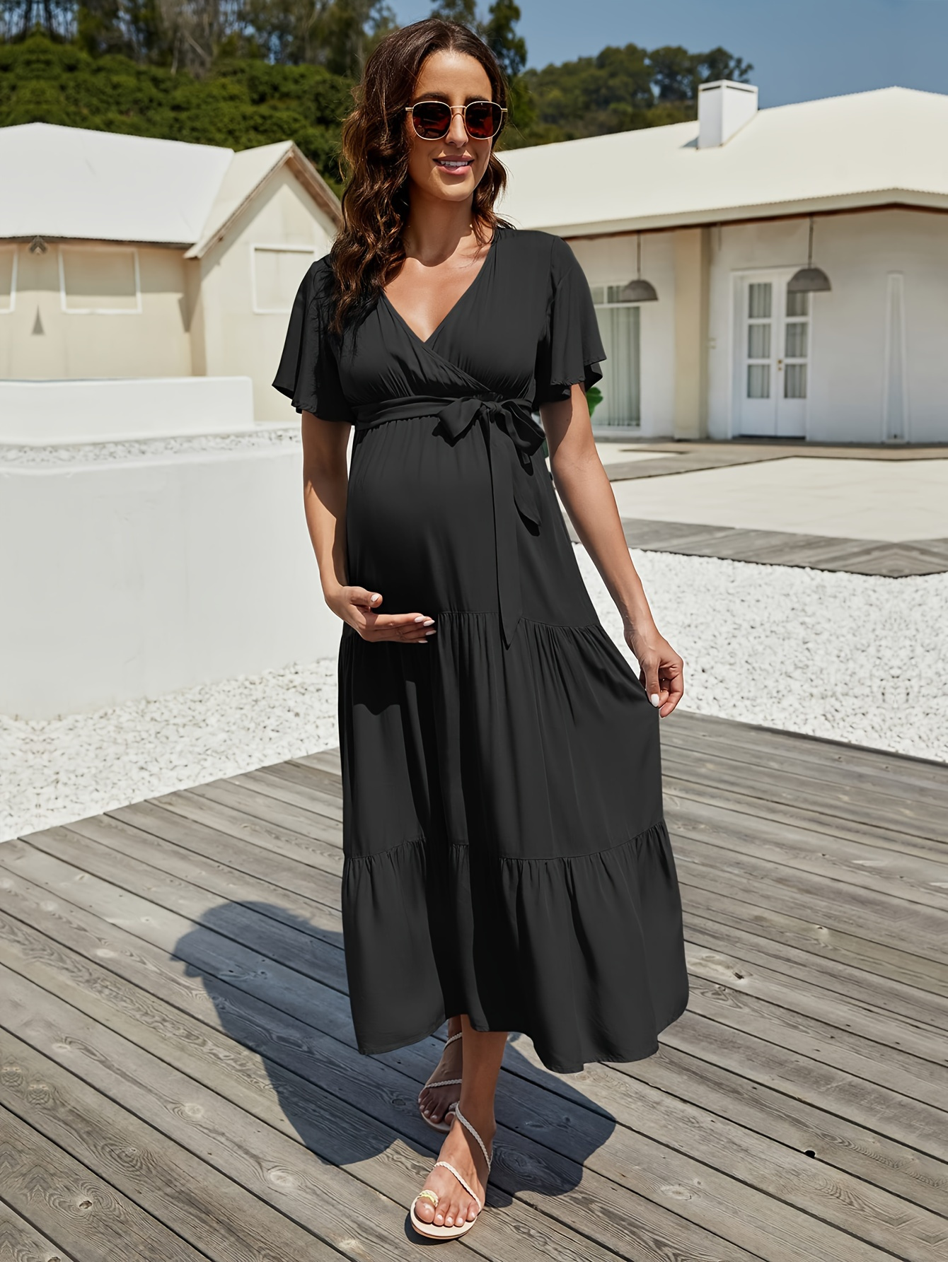 sachin and babi light blue dress maternity dress womens v neck puff sleeve pleated maternity