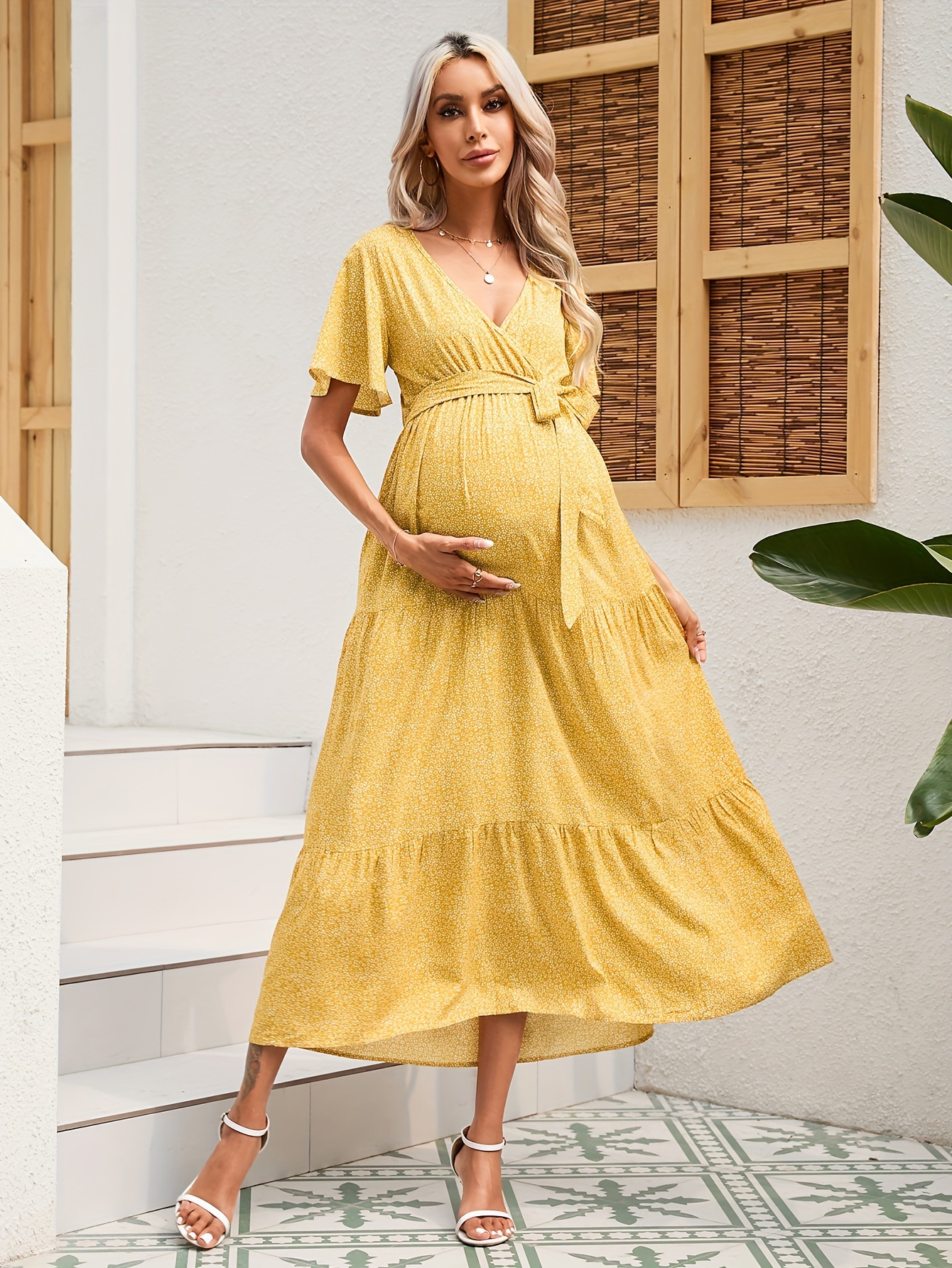 green emerald velvet dress Gold Metallic Plisse Flutter Sleeve Maternity Maxi Dress – PinkBlush