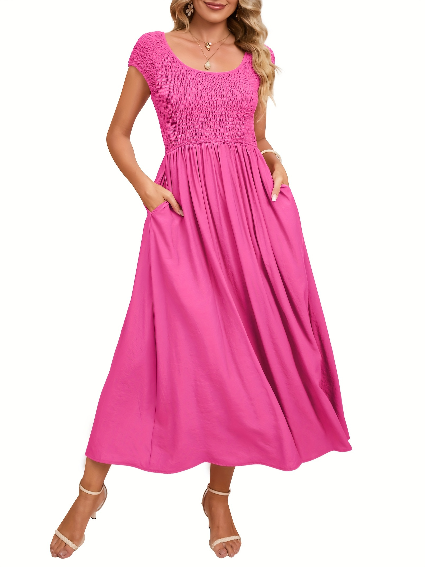 Women's Maternity Maxi Dress Casual Smocked High Waist Short Sleeve  Round Neck with Pockets, Machine Washable for Spring Summer Fall, Ma