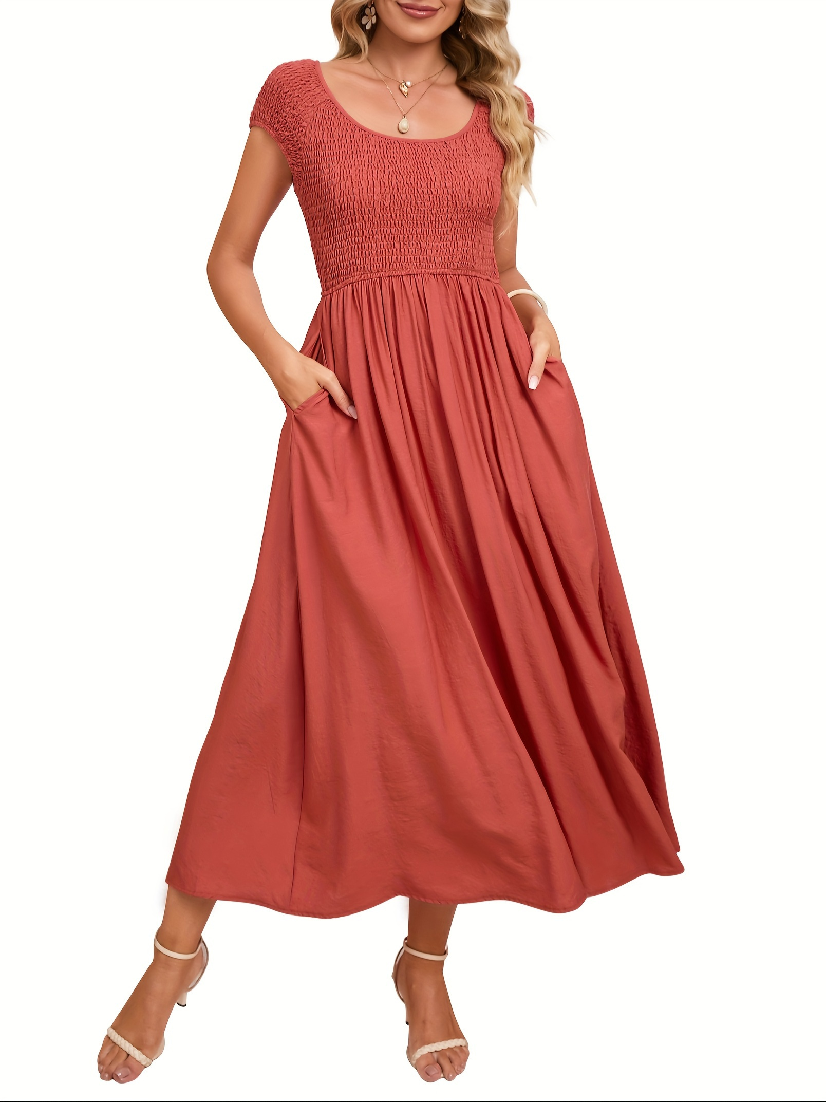 maternity dress smocked high waist maxi dress pockets short - Temu