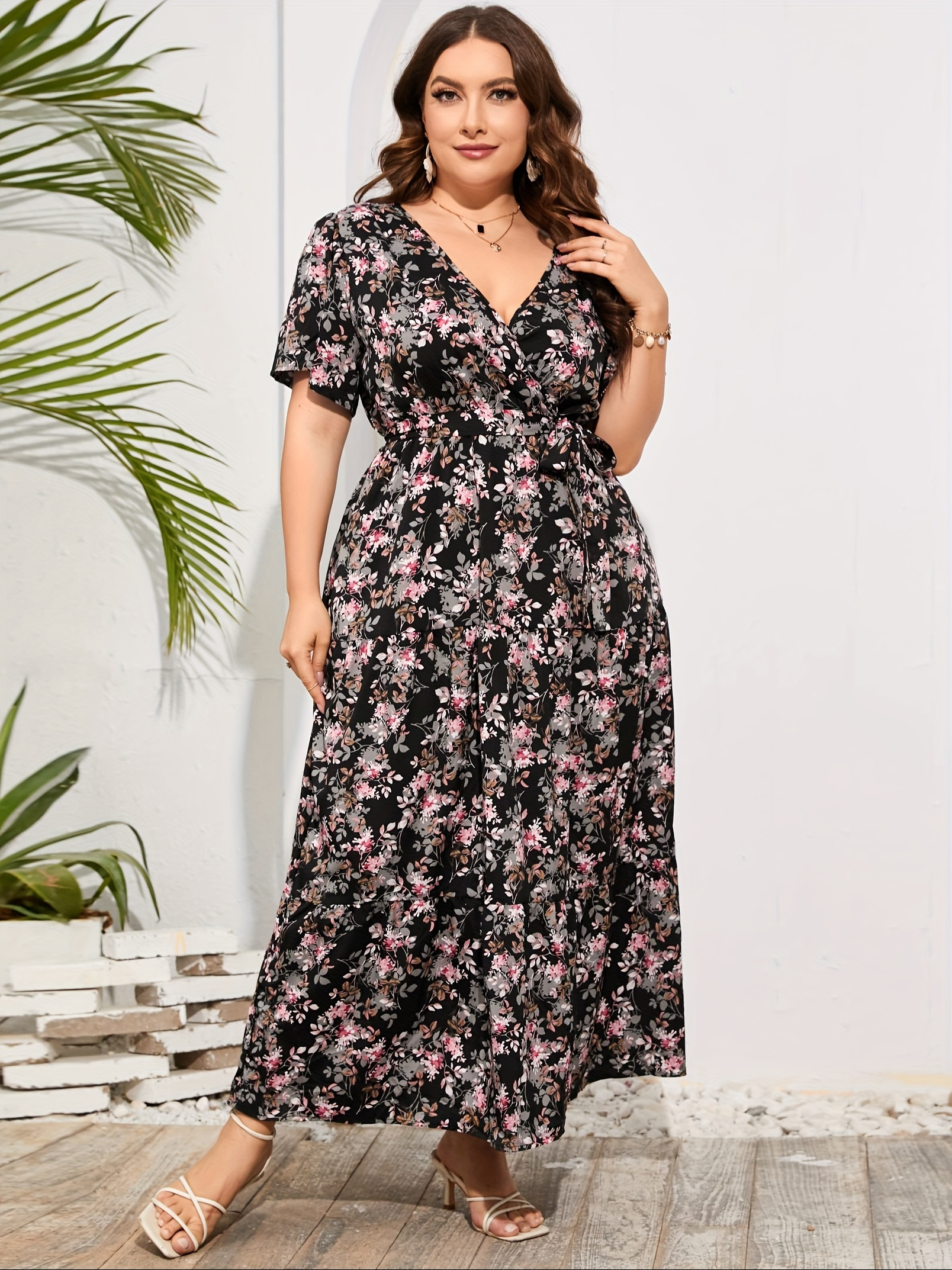 Womens Plus Size V Neck Wrap Maxi Dress High Waist Ruffle Summer Casual  Dress with Belt Dark * *