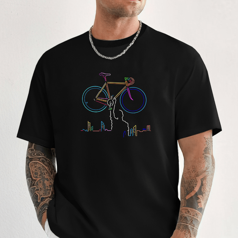 

Men's Casual Crew Neck T-shirt With Colorful Bicycle Sketch Print - 100% Polyester Knit Fabric, Regular Fit, Rib-knit Detail, Slight Stretch, Summer Tee