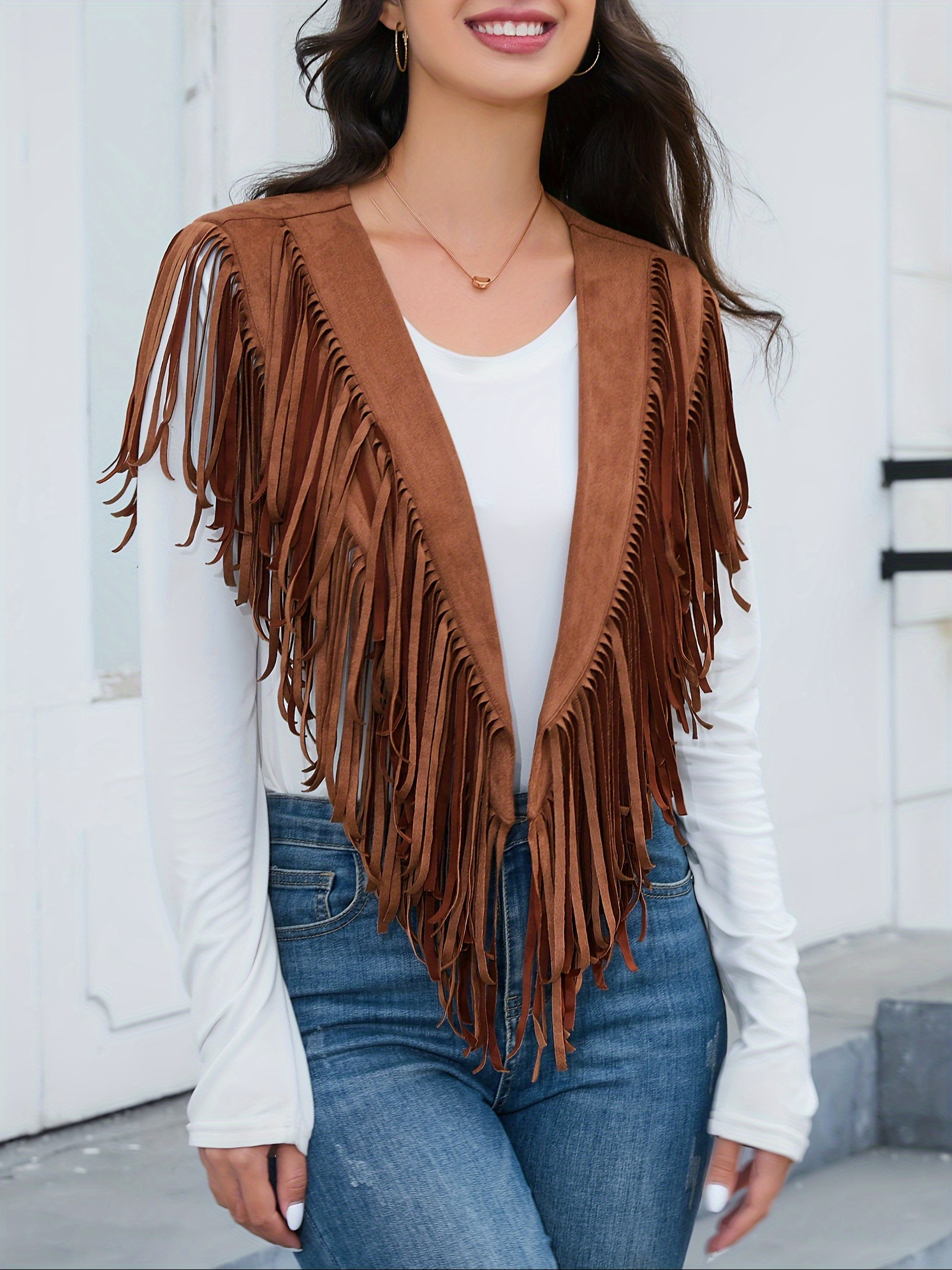 1pc womens vintage suede fringe vest - Temu