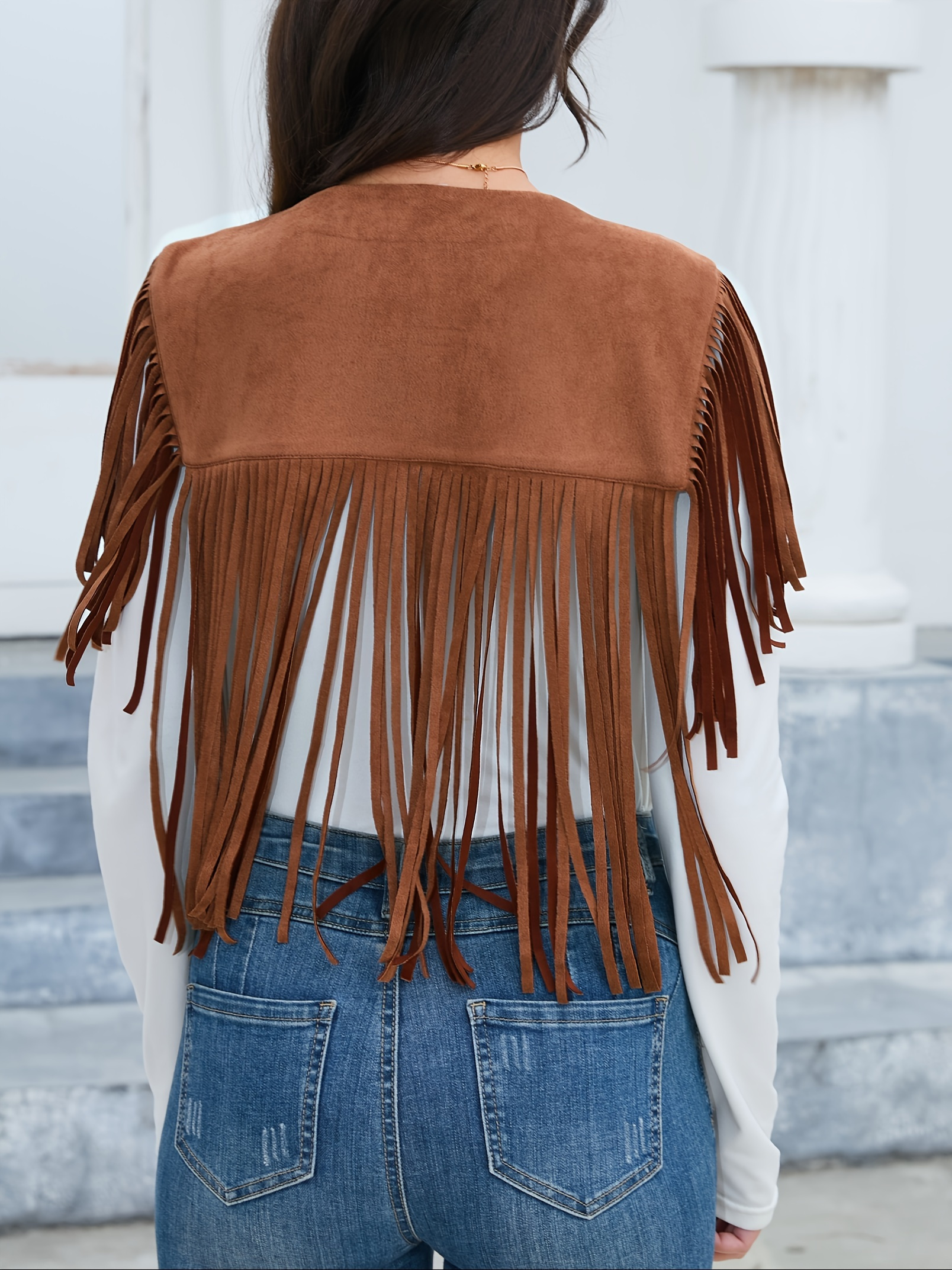 FRINGE VEST SET SUEDE JACKET ブラウンM 1pc womens vintage suede fringe vest - Temu