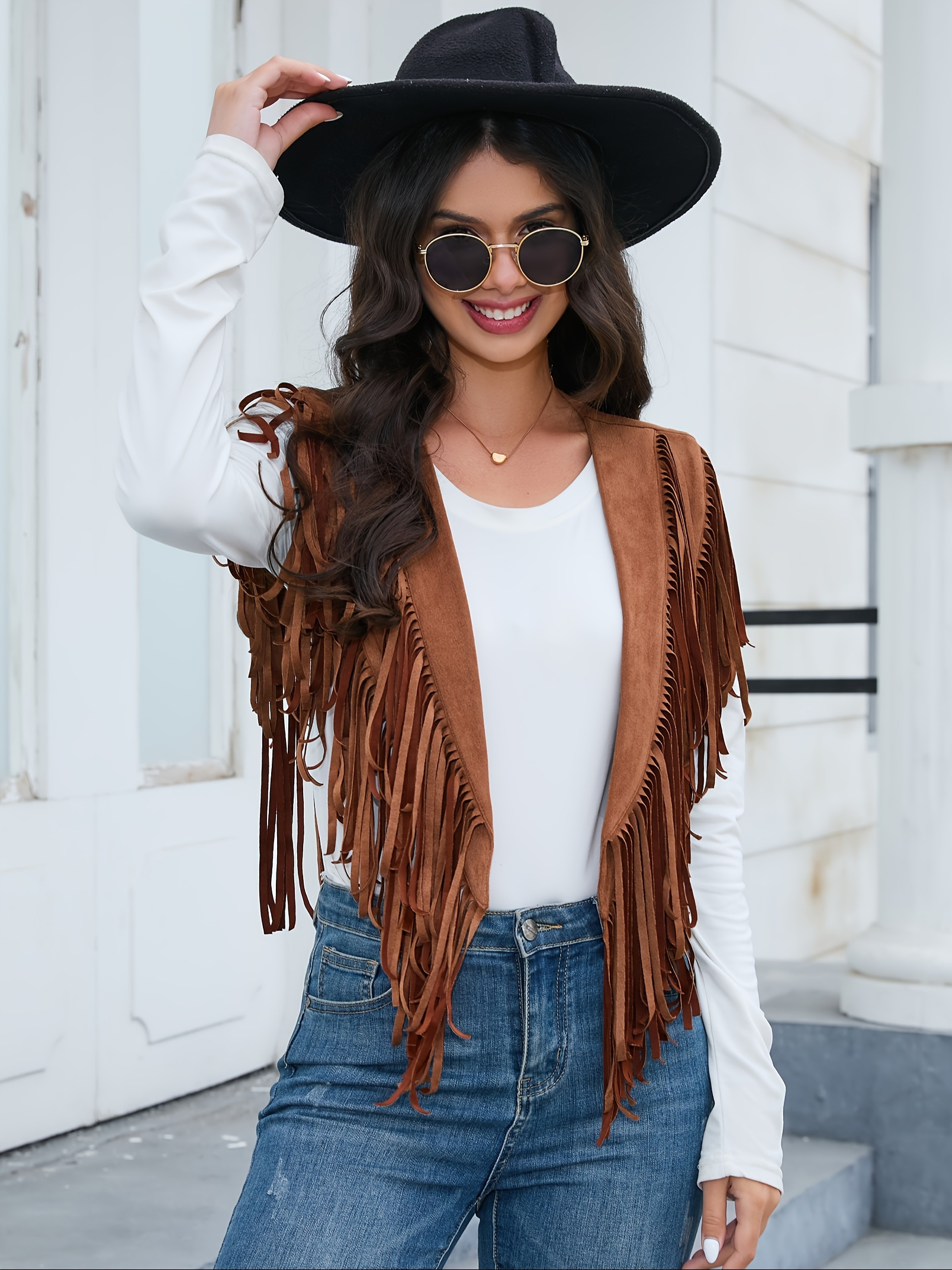 1pc womens vintage suede fringe vest - Temu