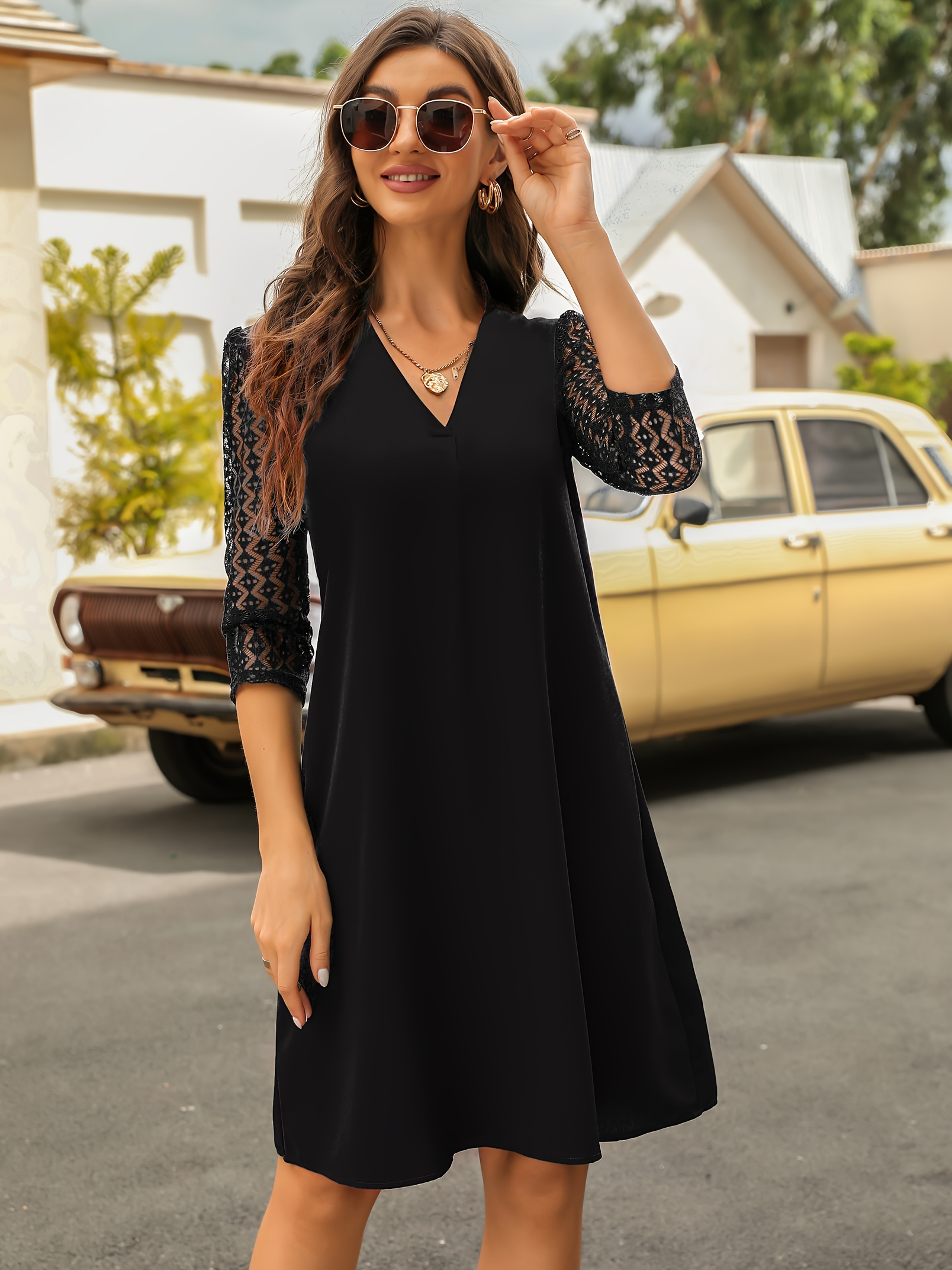 black a-line dress 3 4 sleeve RIVER COTTON SLUB 3/4 SLEEVE A-LINE MIDI DRESS – Velvet by Graham & Spencer main image 1