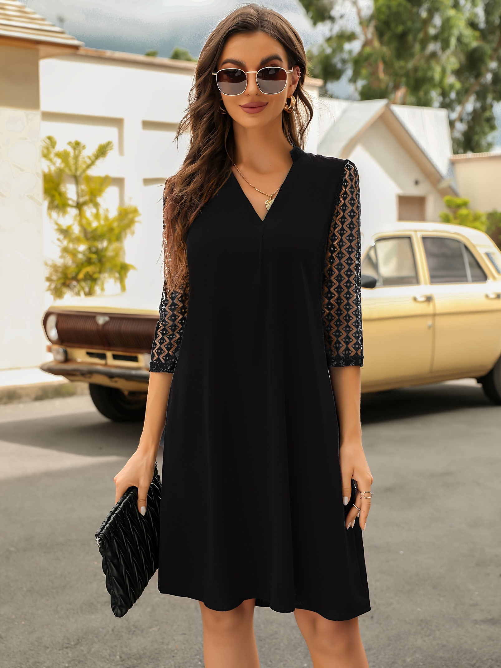 Contrast Lace V Neck Dress, Elegant 3/4 Sleeve A Line Dress, Women's Clothing
