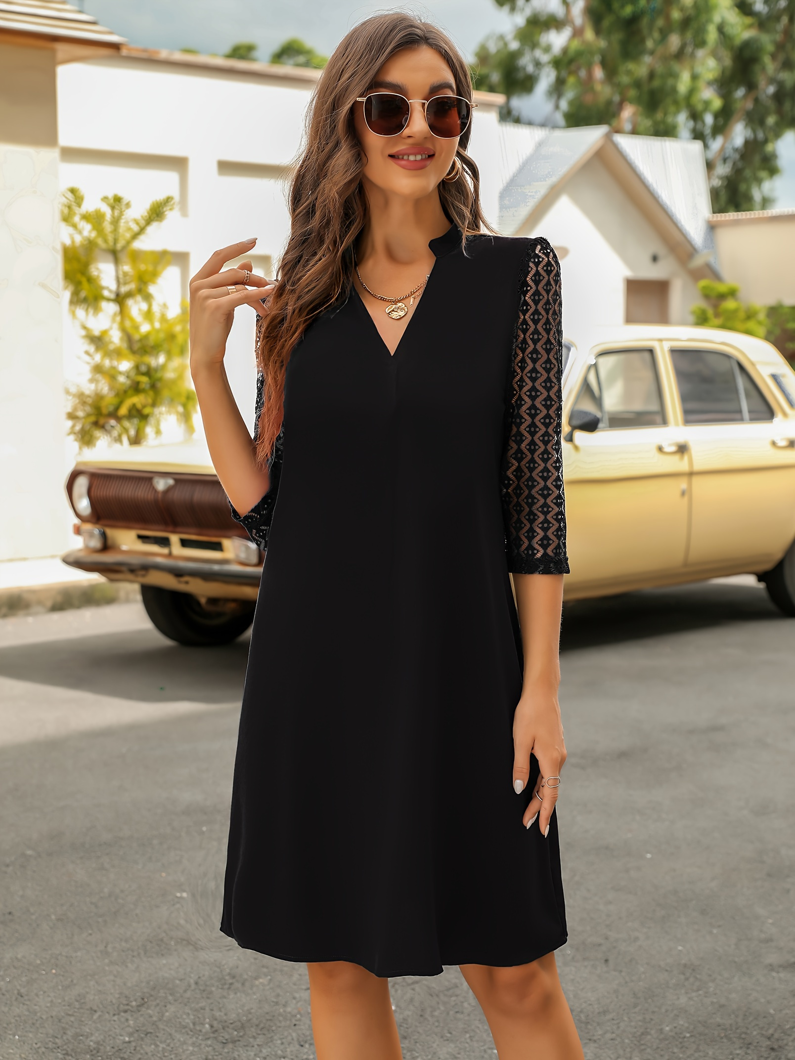 Contrast Lace V Neck Dress, Elegant 3/4 Sleeve A Line Dress, Women's Clothing