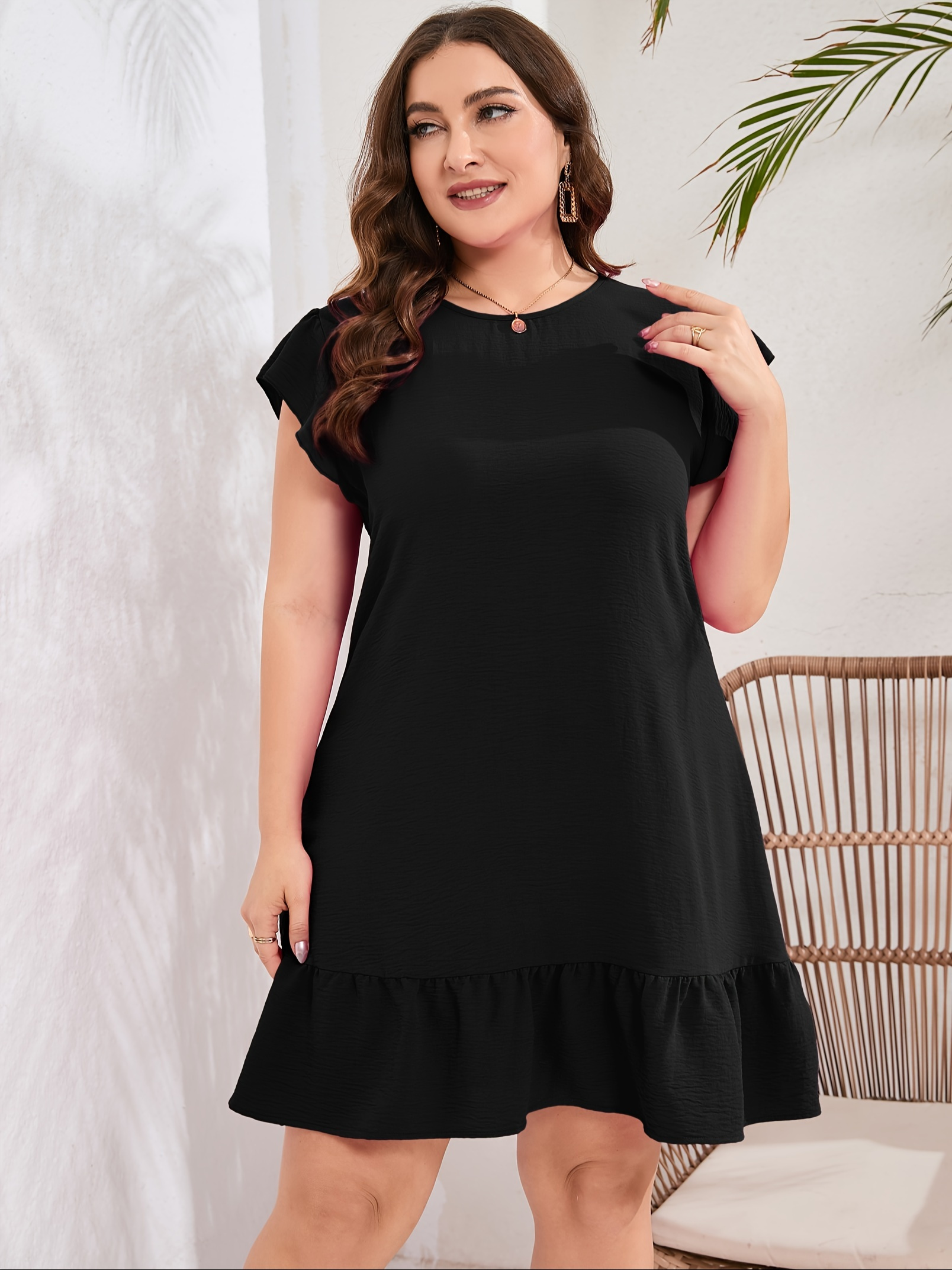 womens plus size mini dress round neck flutter sleeve - Temu