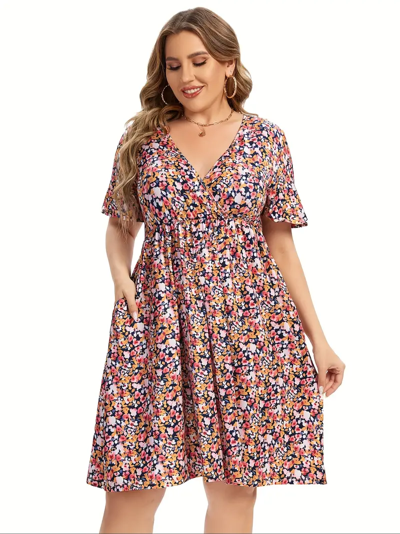 plus size dress womens v neck a line knee length wrap swing - Temu plus size dress womens v neck a line knee length wrap swing - Temu