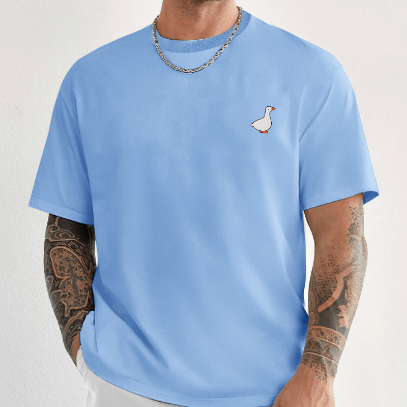 

Men's Casual Short Sleeve T-shirt With Cute Little Duck Cartoon Print, Breathable Polyester Knit Fabric, Ribbed Detail, Round Neck - Summer Fashion Tee