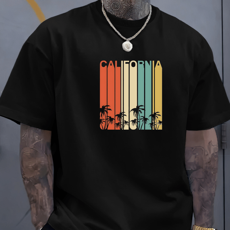 

California Palm Tree Graphic Print T-shirt For Men - Polyester, Casual Crew Neck Tee With Slight Stretch, Rib-knit Detail, Regular Fit - Summer Knit Fabric Short Sleeve Shirt