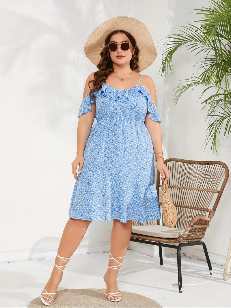plus size floral print shoulder dress casual ruffle trim - Temu plus size floral print shoulder dress casual ruffle trim - Temu