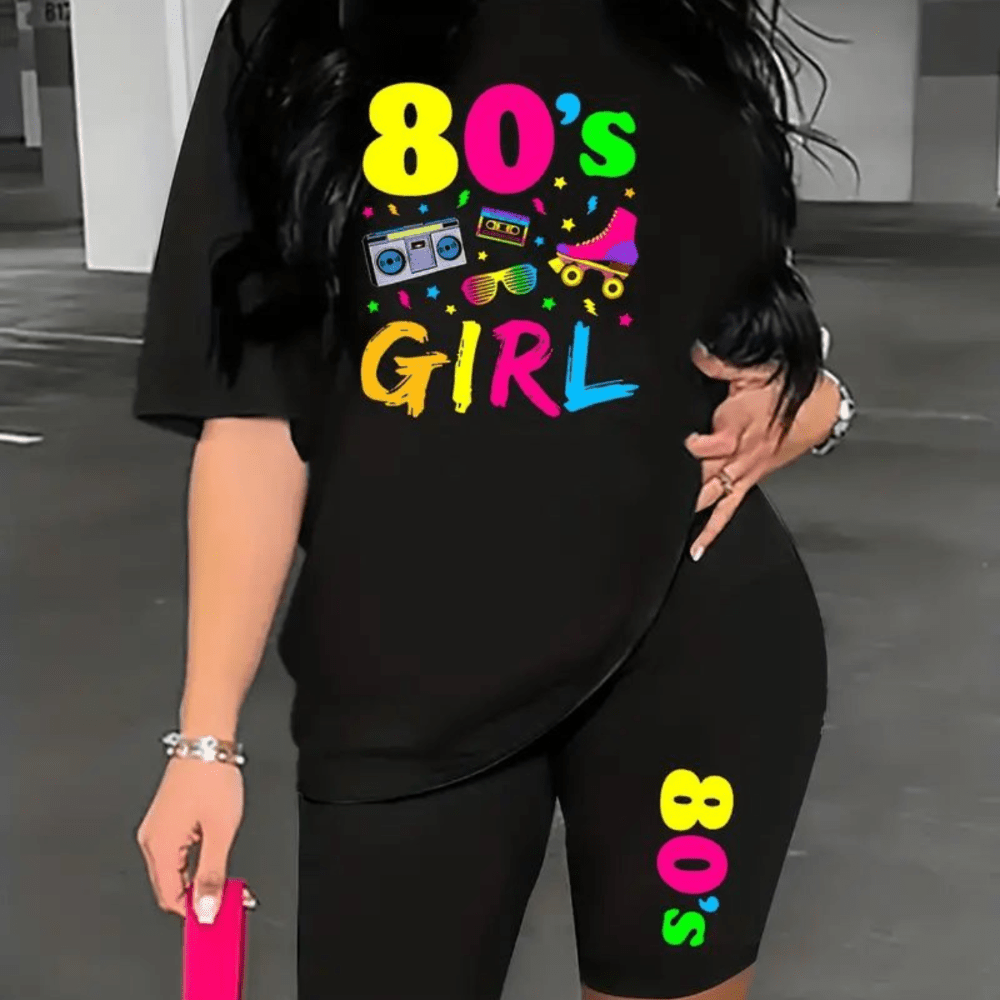 

Plus Size 80's Girl Print Biker Shorts Set, Short Sleeve Crew Neck T-shirt & Biker Shorts Outfits, Women's Plus Size Clothing