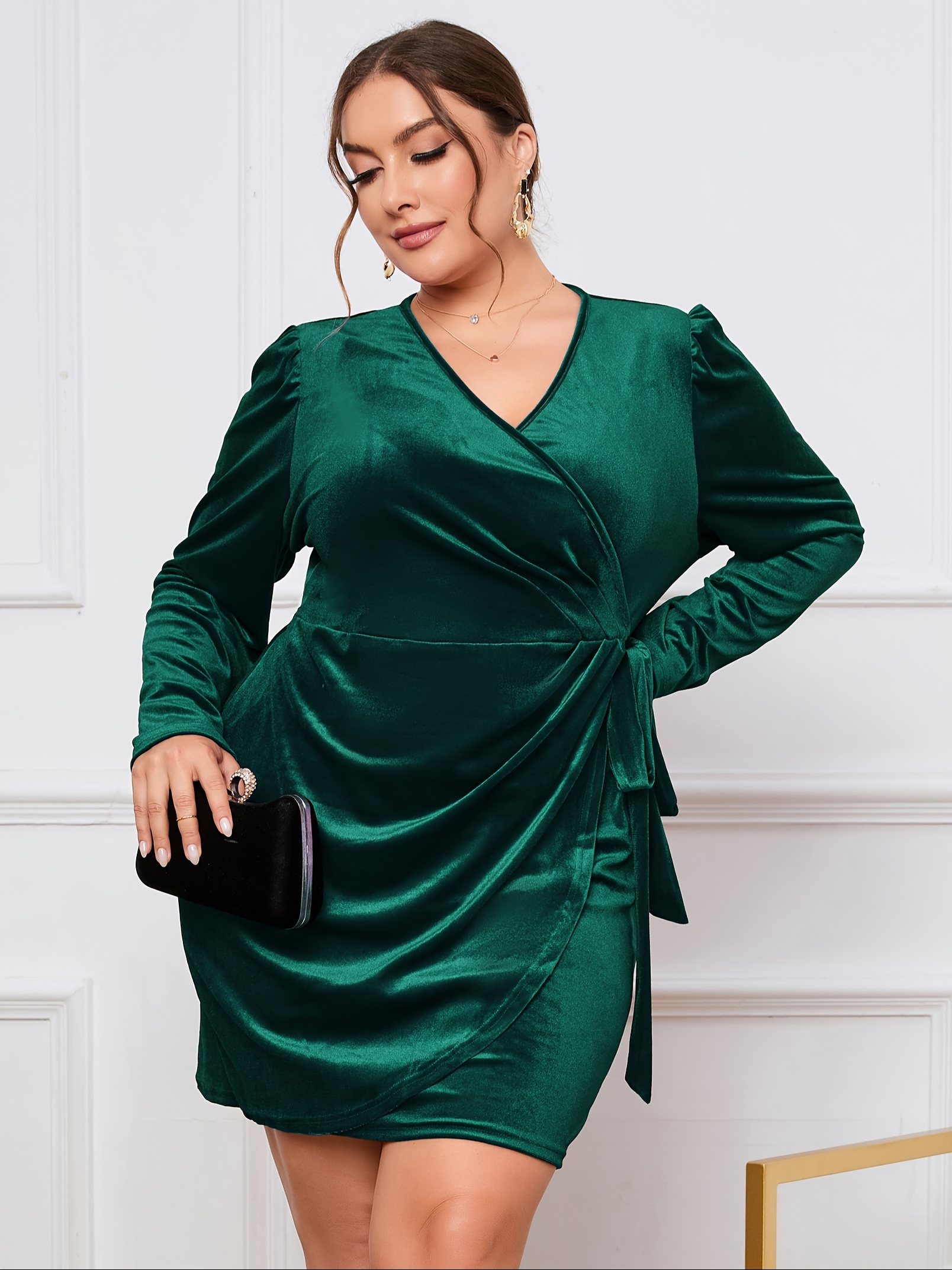 Ruched Dress Plus Size Green Bodycon Dress Plus Size Velvet Dress V Neck  Wrap Mini Dress Split Side Temu
