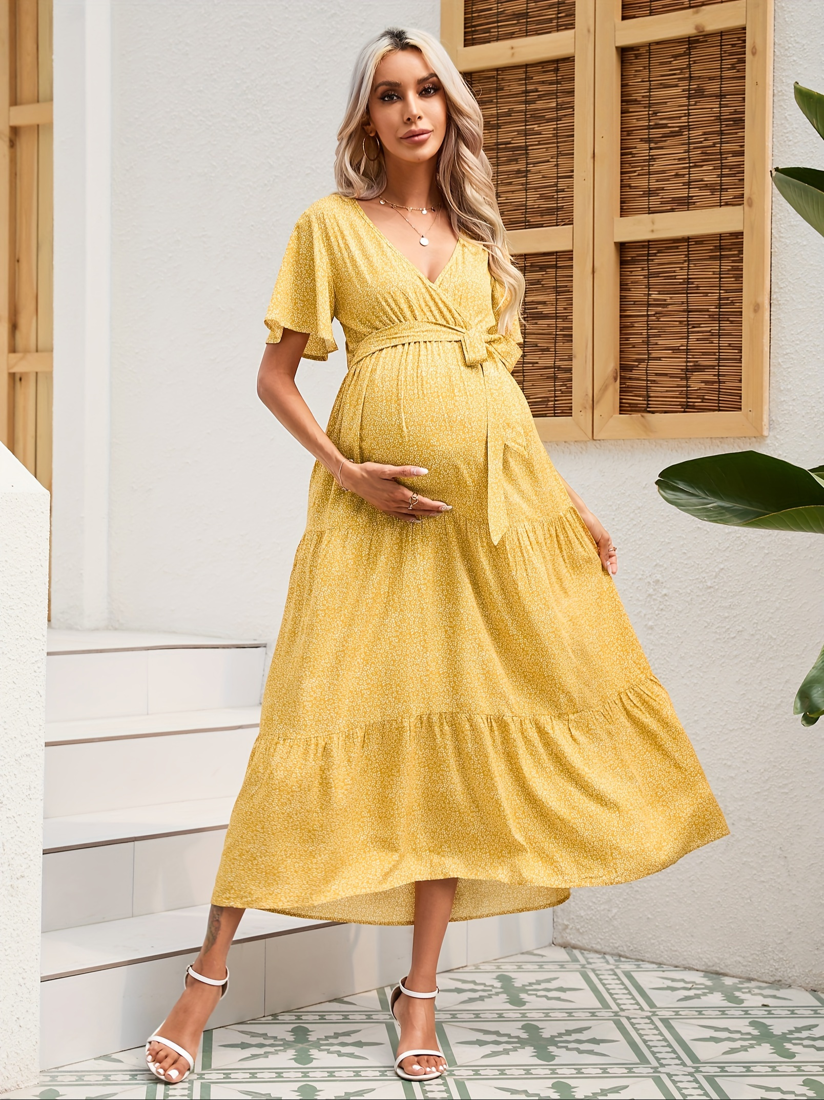 boho chic v neck maternity dress ruffle sleeves flowy maxi - Temu