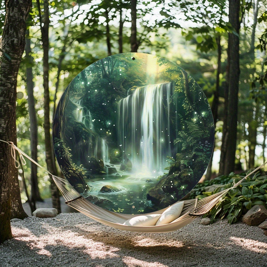 Mystical Forest Waterfall Art Print: Enigmatic Glow Circular Aluminum ...